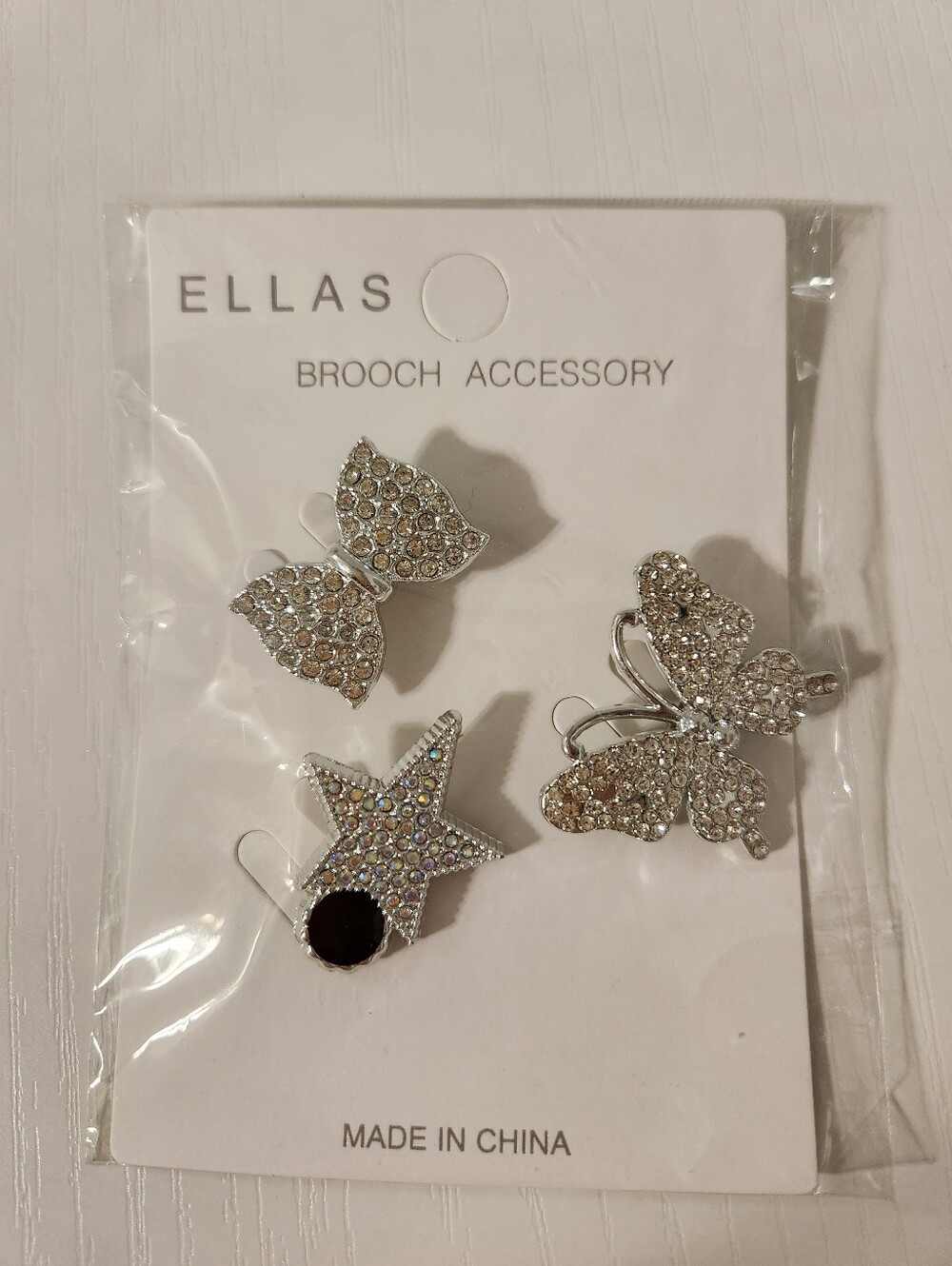 Ellas Girls Silver Glitter Butterfly, Bow & Star Brooch Set Of 3